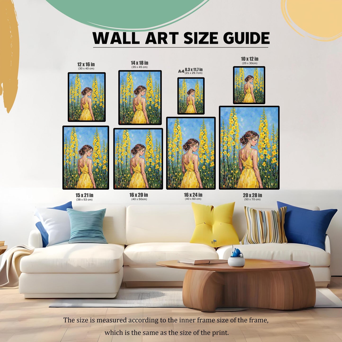 A size guide showing framed prints of a woman in a yellow dress among flowers in various sizes, from 8.3x11.7 inches to 20x28 inches, displayed on a wall above a white couch.