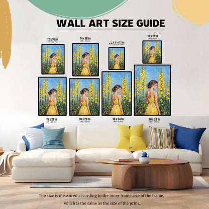 A size guide showing framed prints of a woman in a yellow dress among flowers in various sizes, from 8.3x11.7 inches to 20x28 inches, displayed on a wall above a white couch.