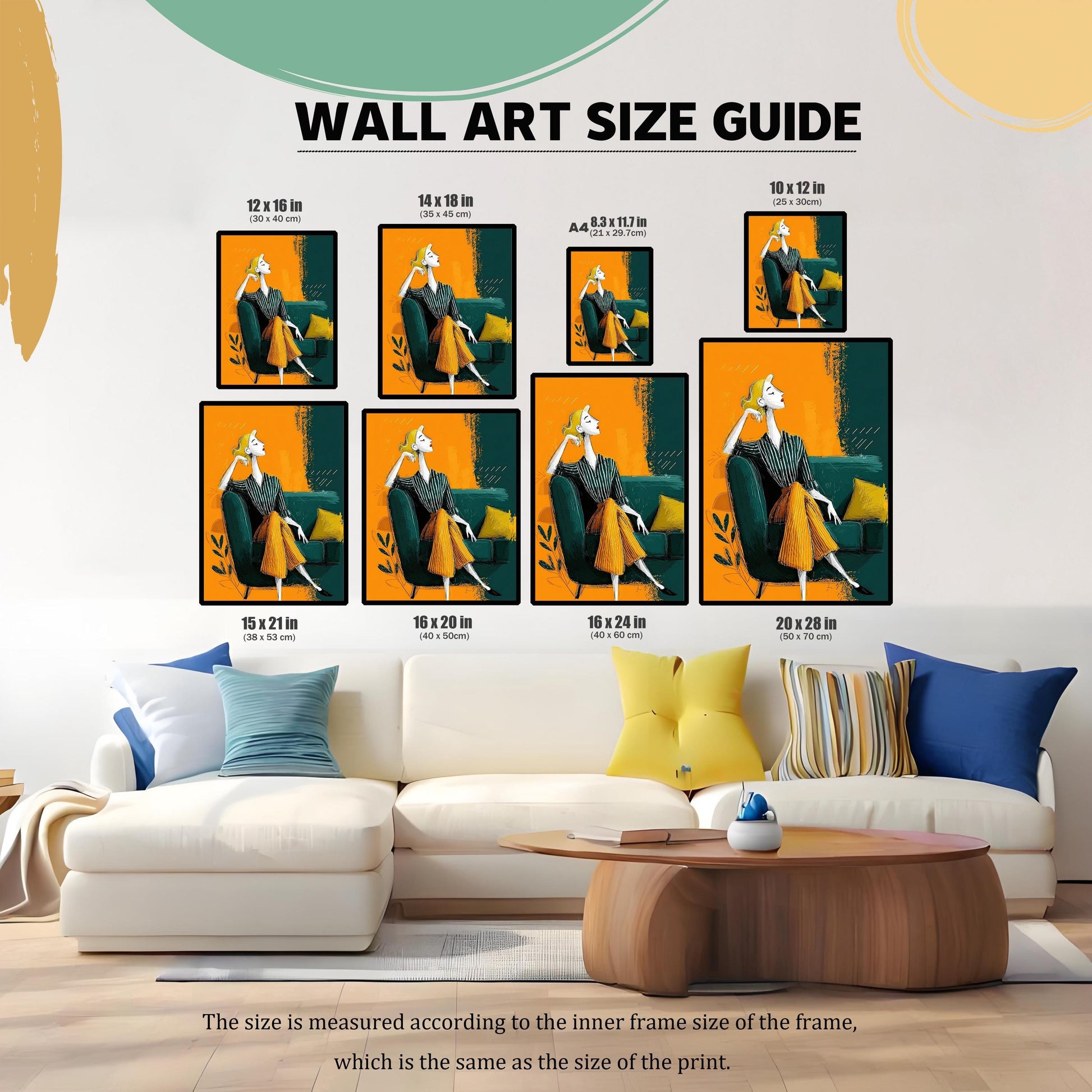 A wall art size guide showing various sizes of a single print displayed above a couch. The prints show a woman sitting on a couch.