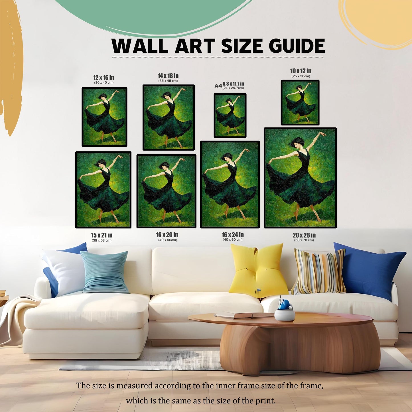 A size guide showing a couch and wall with eight different sizes of the same framed painting, ranging from 12x16 inches to 20x28 inches.