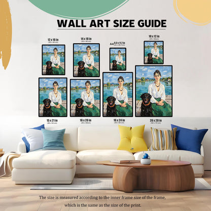 A size guide showing framed prints of a woman and a black dog in various sizes, from 8.3x11.7 inches to 20x28 inches, displayed on a wall above a white couch.