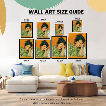A guide to different wall art sizes, showing the same painting of a sleeping woman in various dimensions, hung on a wall above a white sofa.