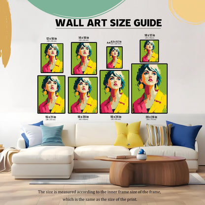 A wall art size guide showing nine different sizes of the same pop art portrait arranged over a white couch with blue and yellow pillows. Sizes are listed in inches and centimeters.