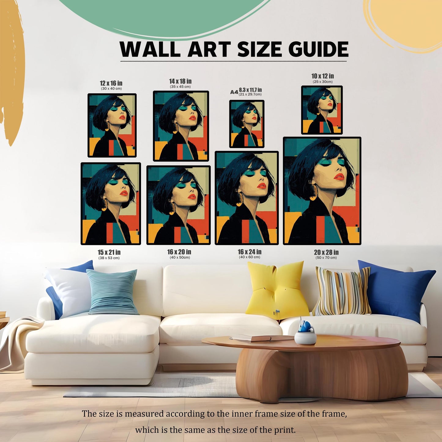 A wall art size guide showing nine different sizes of the same pop art portrait arranged over a white couch with blue and yellow pillows. Sizes are listed in inches and centimeters.