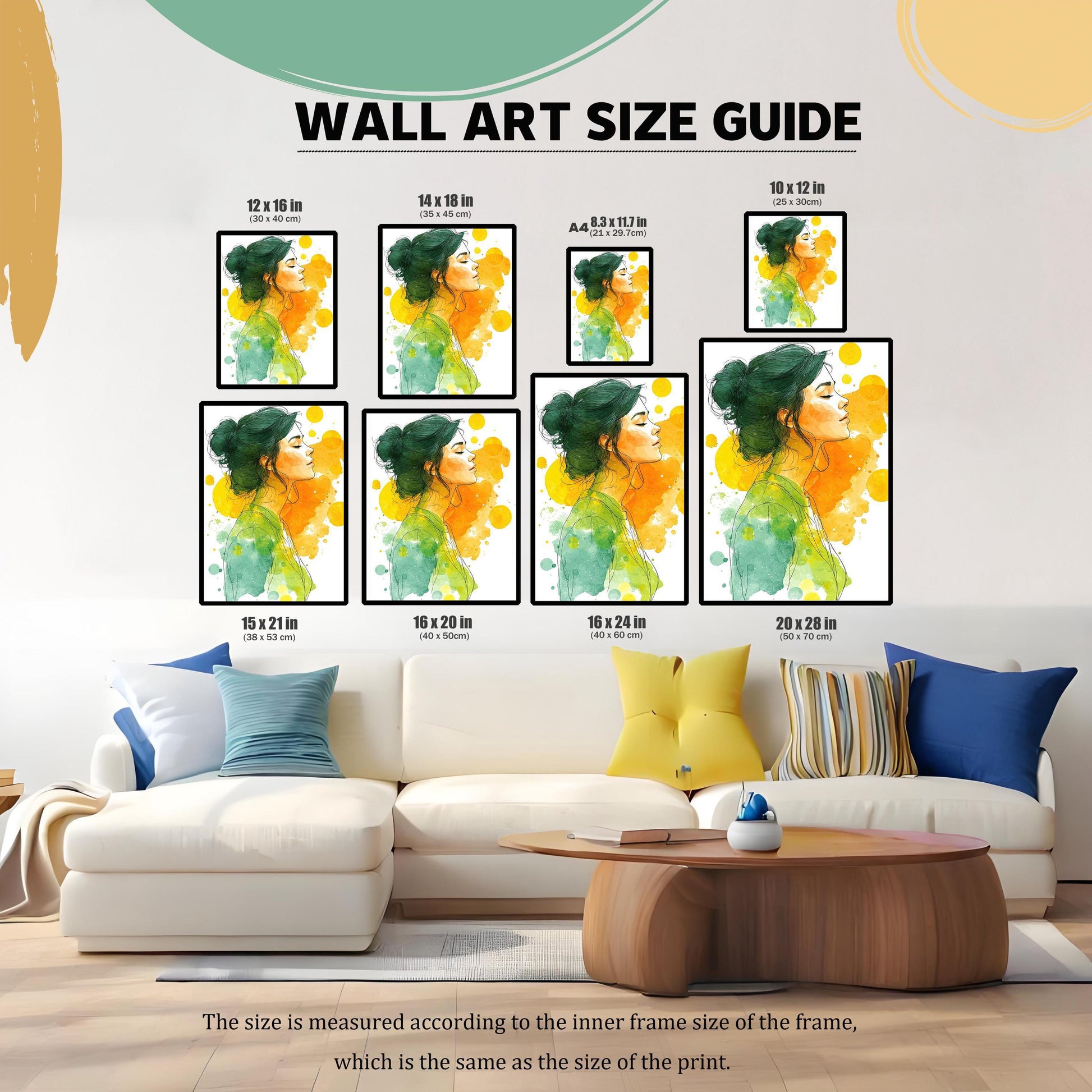 A wall art size guide showing various sizes of the same watercolor print arranged on a wall above a large, neutral-toned sectional sofa.