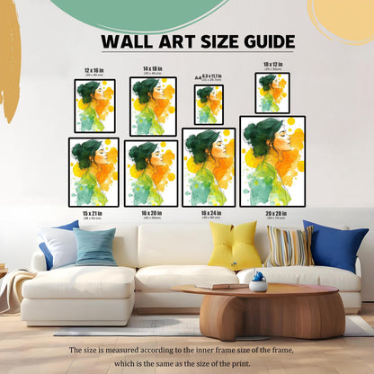 A wall art size guide showing various sizes of the same watercolor print arranged on a wall above a large, neutral-toned sectional sofa.