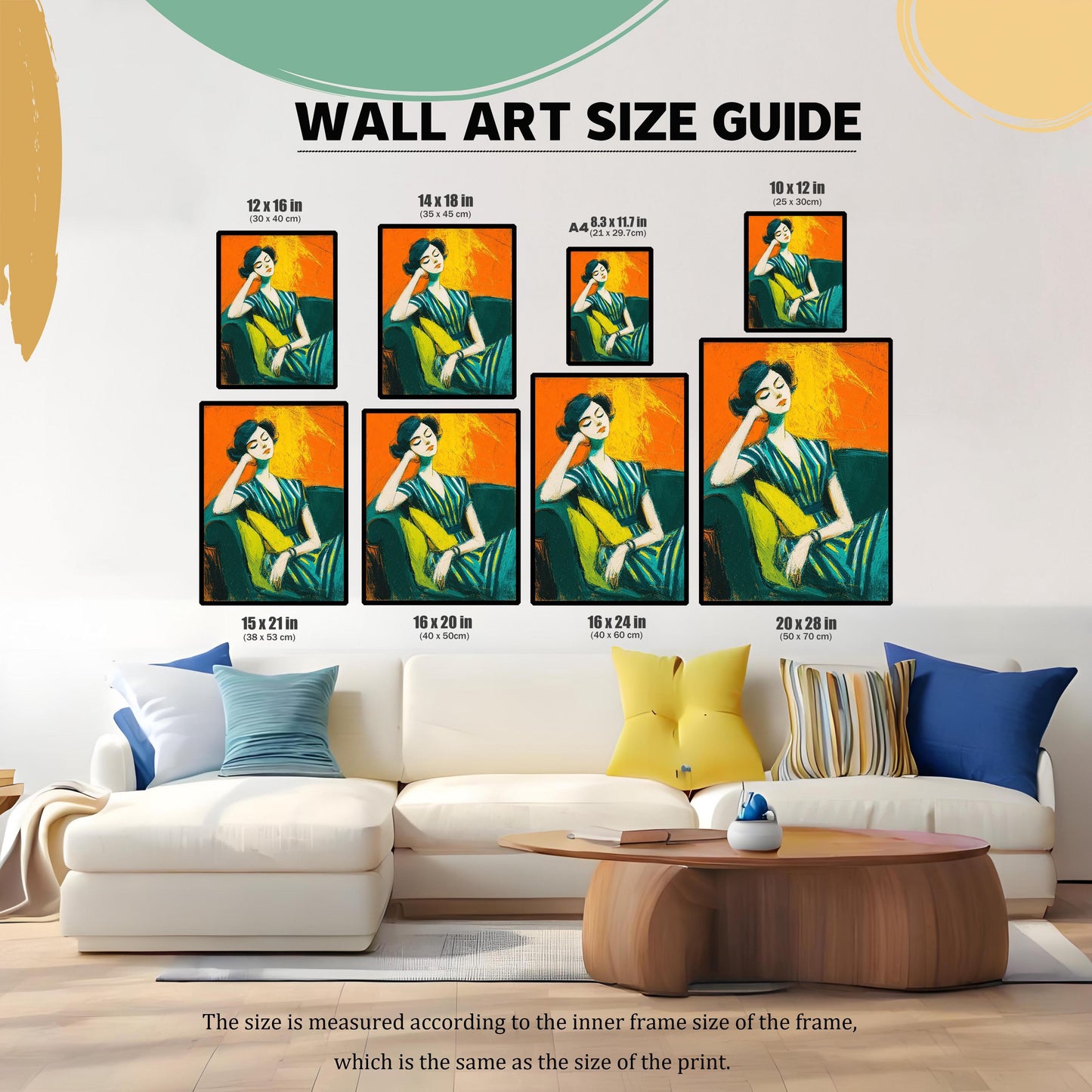 A wall art size guide displays an abstract portrait of a seated woman in various sizes. The prints are shown on a wall above a large, light-colored sectional couch.