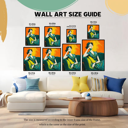 A wall art size guide displays an abstract portrait of a seated woman in various sizes. The prints are shown on a wall above a large, light-colored sectional couch.