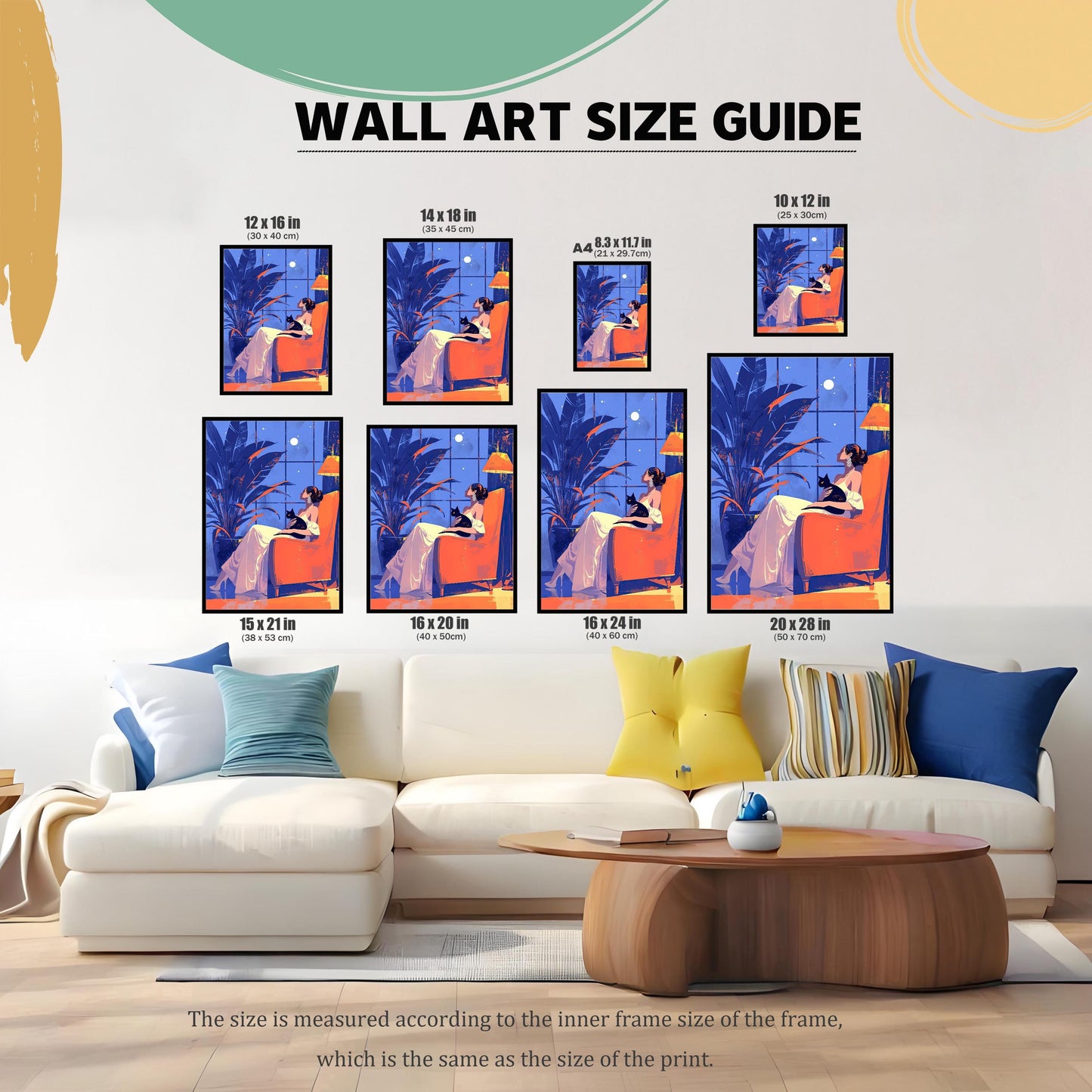 A wall art size guide showing seven different framed prints of a woman and a cat arranged around a white sofa, with sizes ranging from 10x12 inches to 20x28 inches.