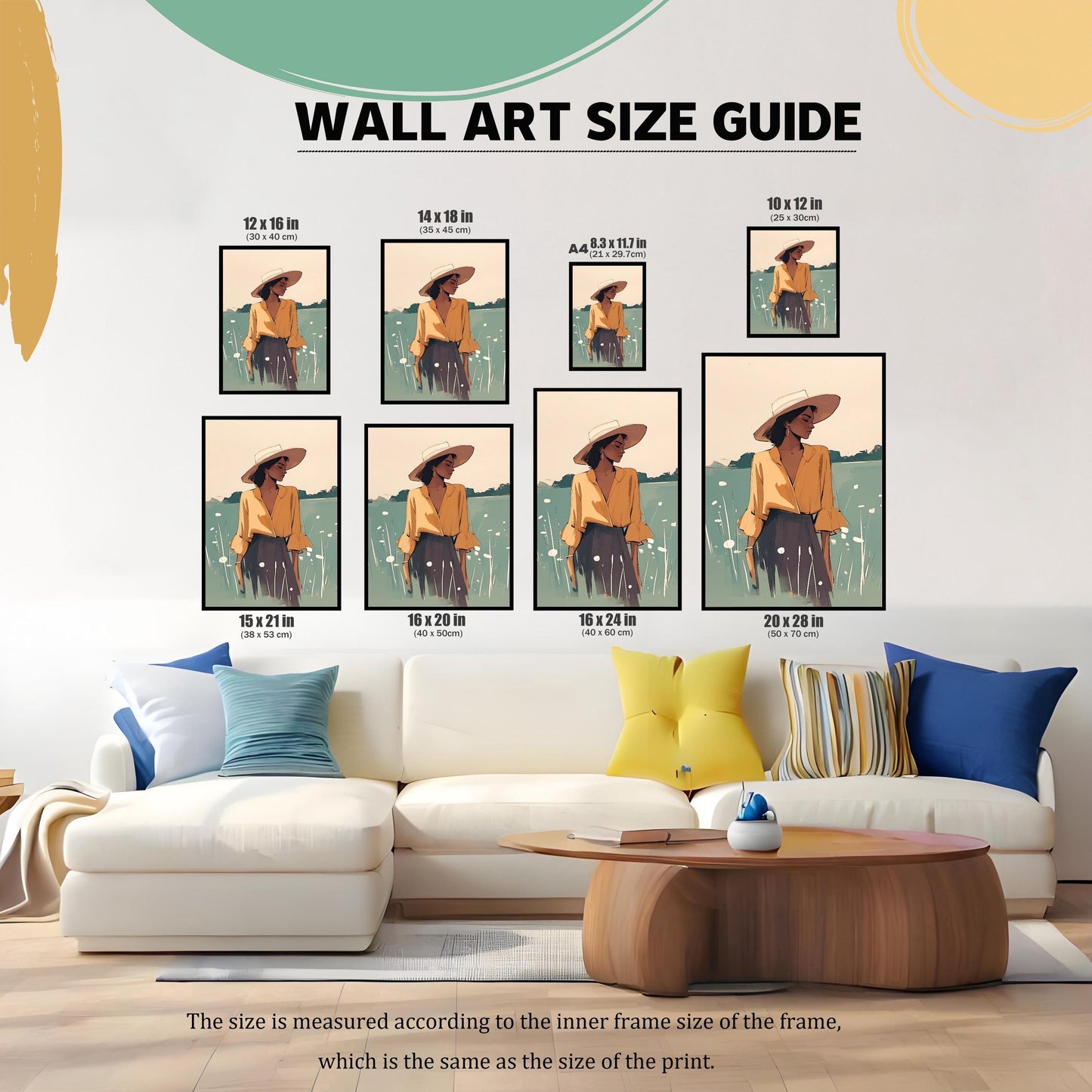 Wall art size guide showing various dimensions for the print, from 10x12 inches to 20x28 inches. Visual comparison of print sizes like A4, 12x16, 14x18, 15x21, 16x20, and 16x24 inches above a sofa. This guide helps customers choose the perfect size for their space.