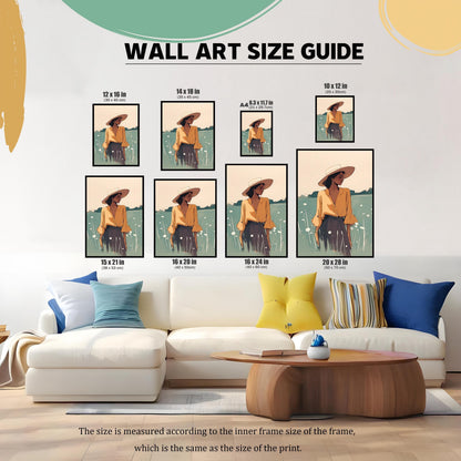 Wall art size guide showing various dimensions for the print, from 10x12 inches to 20x28 inches. Visual comparison of print sizes like A4, 12x16, 14x18, 15x21, 16x20, and 16x24 inches above a sofa. This guide helps customers choose the perfect size for their space.