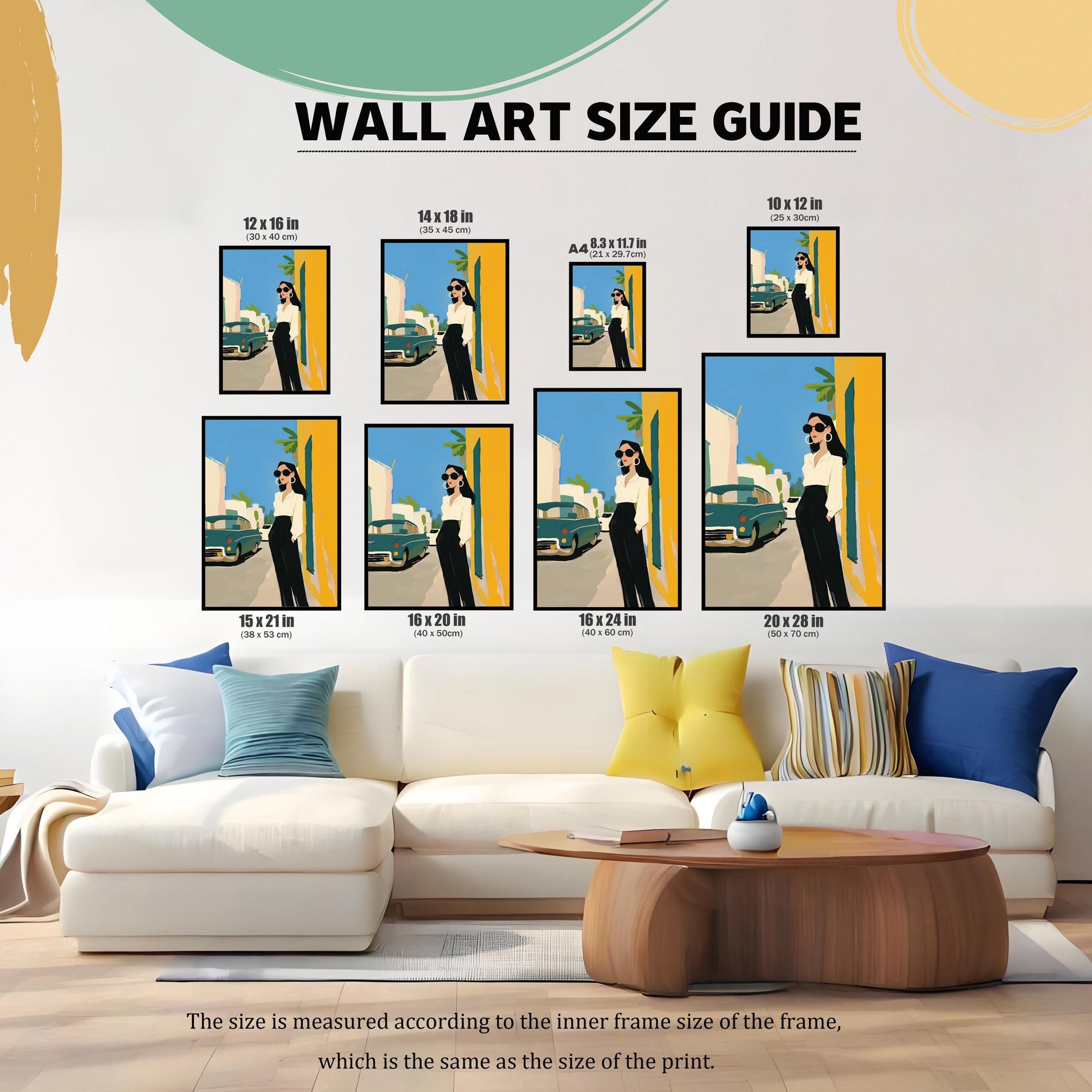 A wall art size guide showing various sizes of the same art print displayed above a white sofa. The guide labels the print in sizes 12x16, 14x18, A4 (8.3x11.7), 10x12, 15x21, 16x20, 16x24, and 20x28 inches. Text below explains that the size refers to the inner frame size and the print size.