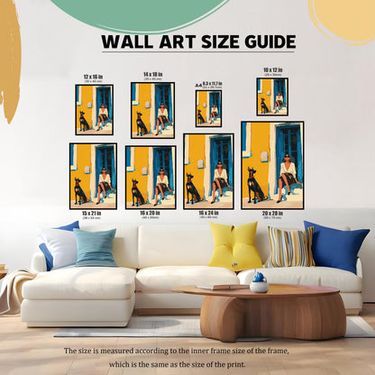 A wall art size guide showing various sizes of the same art print displayed above a white sofa. The art depicts a woman in a white shirt and black skirt sitting on a step next to a Doberman Pinscher dog. The background is a bright yellow wall with a blue door. The guide labels the prints in sizes 12x16, 14x18, A4 (8.3x11.7), 10x12, 15x21, 16x20, 16x24, and 20x28 inches. Text below explains that the size refers to the inner frame size and the print size.