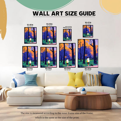 A wall art size guide showing various sizes of the same art print displayed above a white sofa. The art depicts a woman and a small black dog walking through a park with colorful trees. The guide labels the prints in sizes 12x16, 14x18, A4 (8.3x11.7), 10x12, 15x21, 16x20, 16x24, and 20x28 inches. Text below explains that the size refers to the inner frame size and the print size.