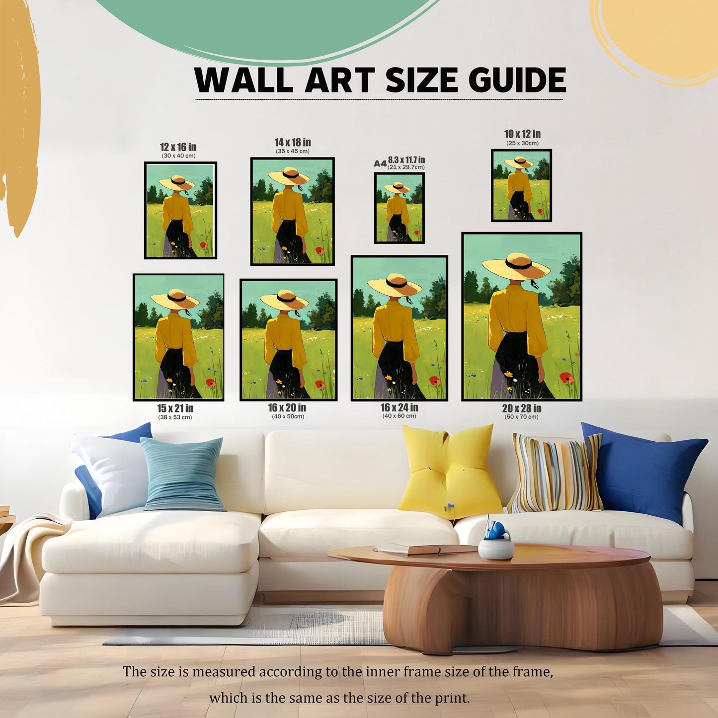 A comprehensive wall art size guide showing multiple framed prints of a person in a yellow shirt and straw hat in a field of flowers, arranged on a wall above a large white sectional sofa. The image shows and labels seven different sizes: "12 x 16 in," "14 x 18 in," "A4 8.3 x 11.7 in," "10 x 12 in," "15 x 21 in," "16 x 20 in," "16 x 24 in," and "20 x 28 in." A note at the bottom explains that the size is measured acc