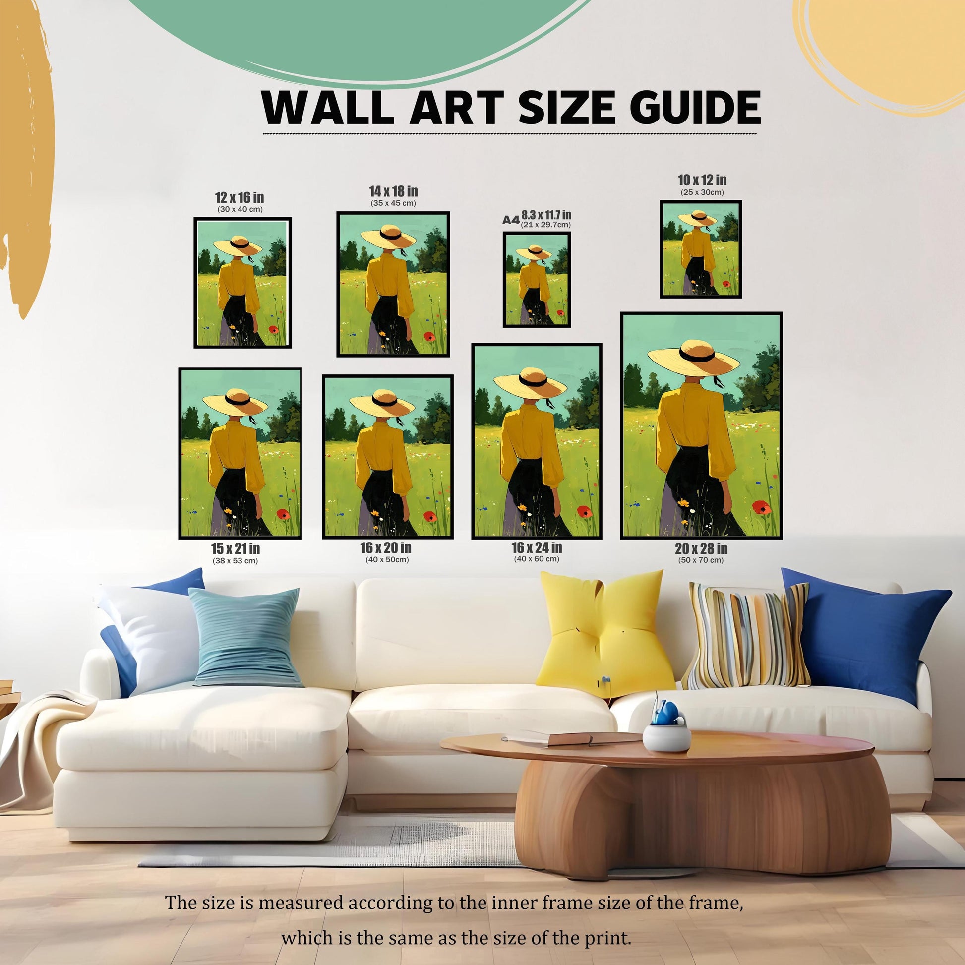 A comprehensive wall art size guide showing multiple framed prints of a person in a yellow shirt and straw hat in a field of flowers, arranged on a wall above a large white sectional sofa. The image shows and labels seven different sizes: "12 x 16 in," "14 x 18 in," "A4 8.3 x 11.7 in," "10 x 12 in," "15 x 21 in," "16 x 20 in," "16 x 24 in," and "20 x 28 in." A note at the bottom explains that the size is measured acc