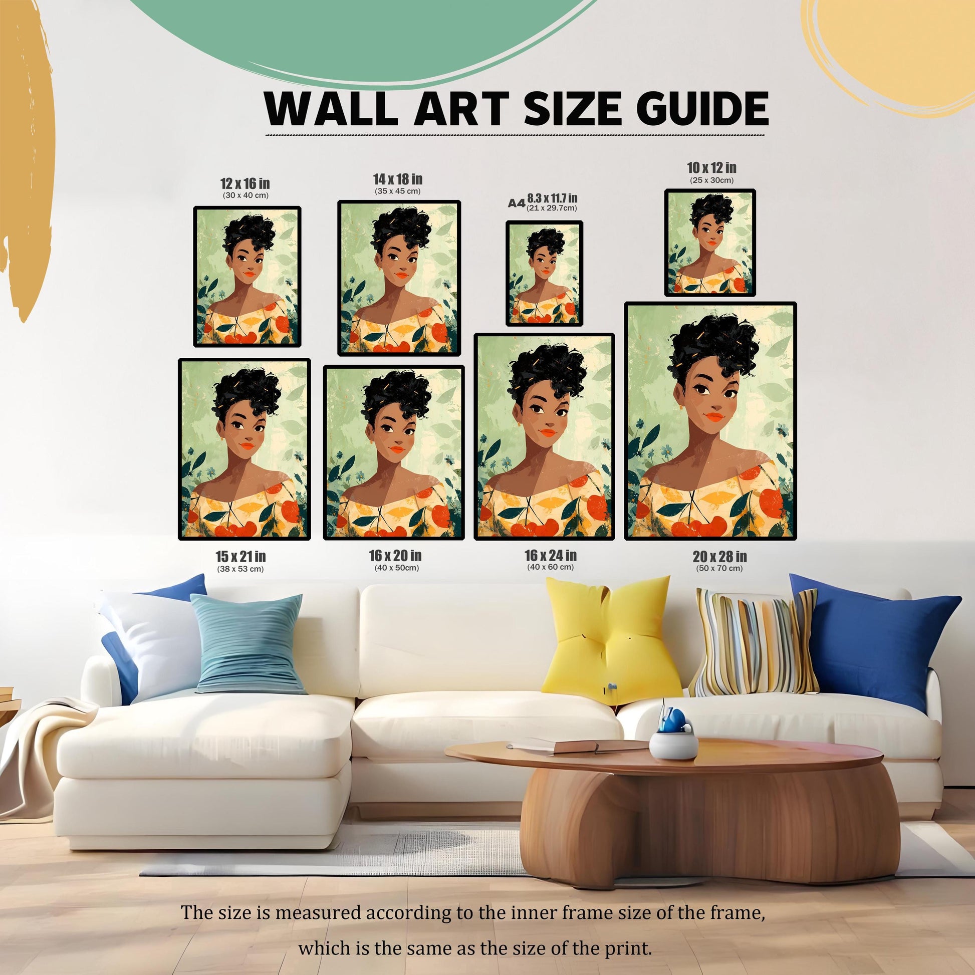 WALL ART SIZE GUIDE graphic showing eight different sizes of the framed woman portrait print displayed above a white couch, including 12x16 in, 14x18 in, A4, 10x12 in, 15x21 in, 16x20 in, 16x24 in, and 20x28 in.