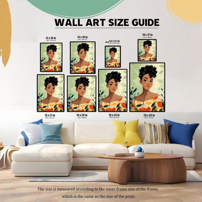 WALL ART SIZE GUIDE graphic showing eight different sizes of the framed woman portrait print displayed above a white couch, including 12x16 in, 14x18 in, A4, 10x12 in, 15x21 in, 16x20 in, 16x24 in, and 20x28 in.