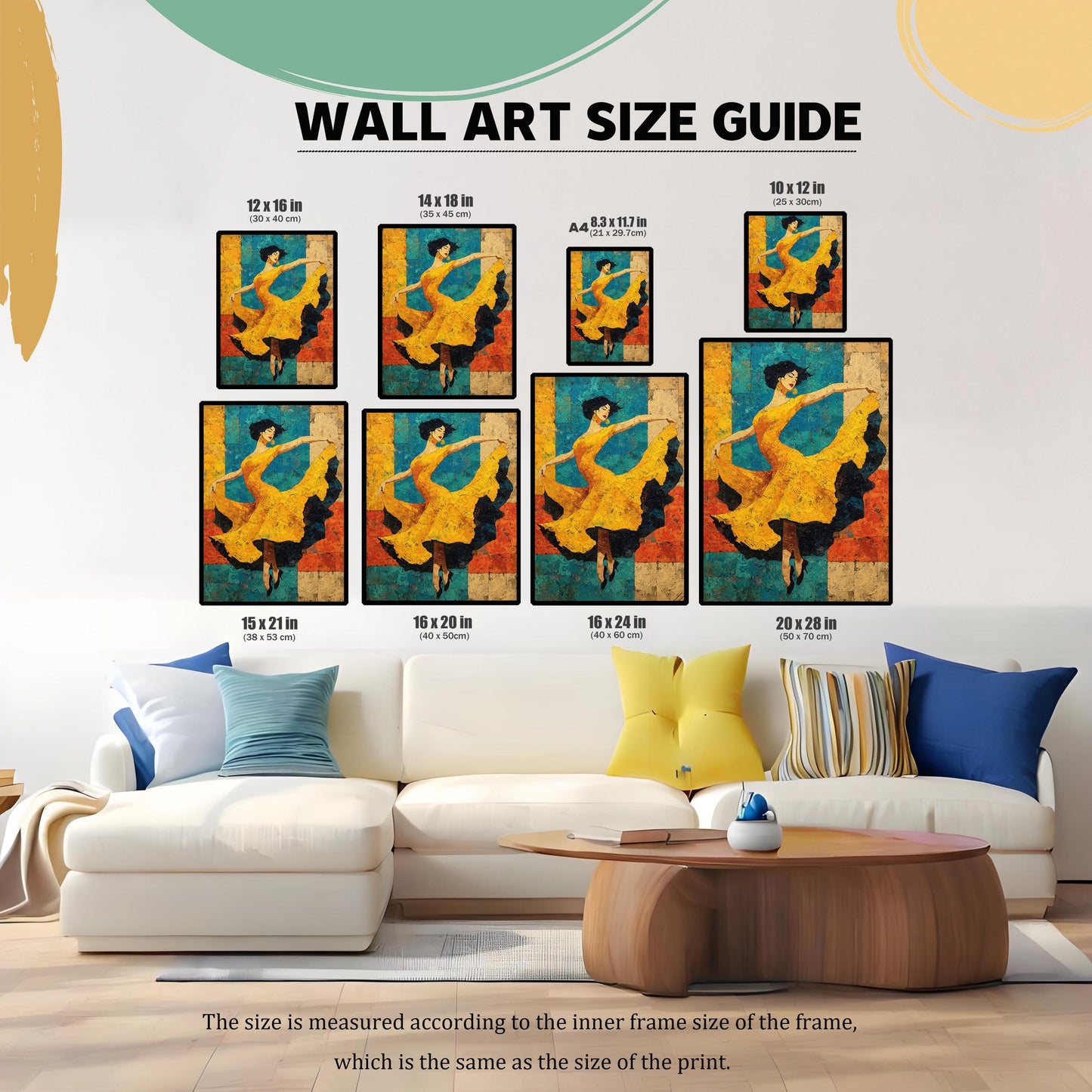 A WALL ART SIZE GUIDE graphic showing eight different size prints (12x16, 14x18, A4, 10x12, 15x21, 16x20, 16x24, 20x28 inches) displayed above a large white sectional couch with colorful pillows, illustrating scale. The text notes the size is measured according to the inner frame size (same as the print size).