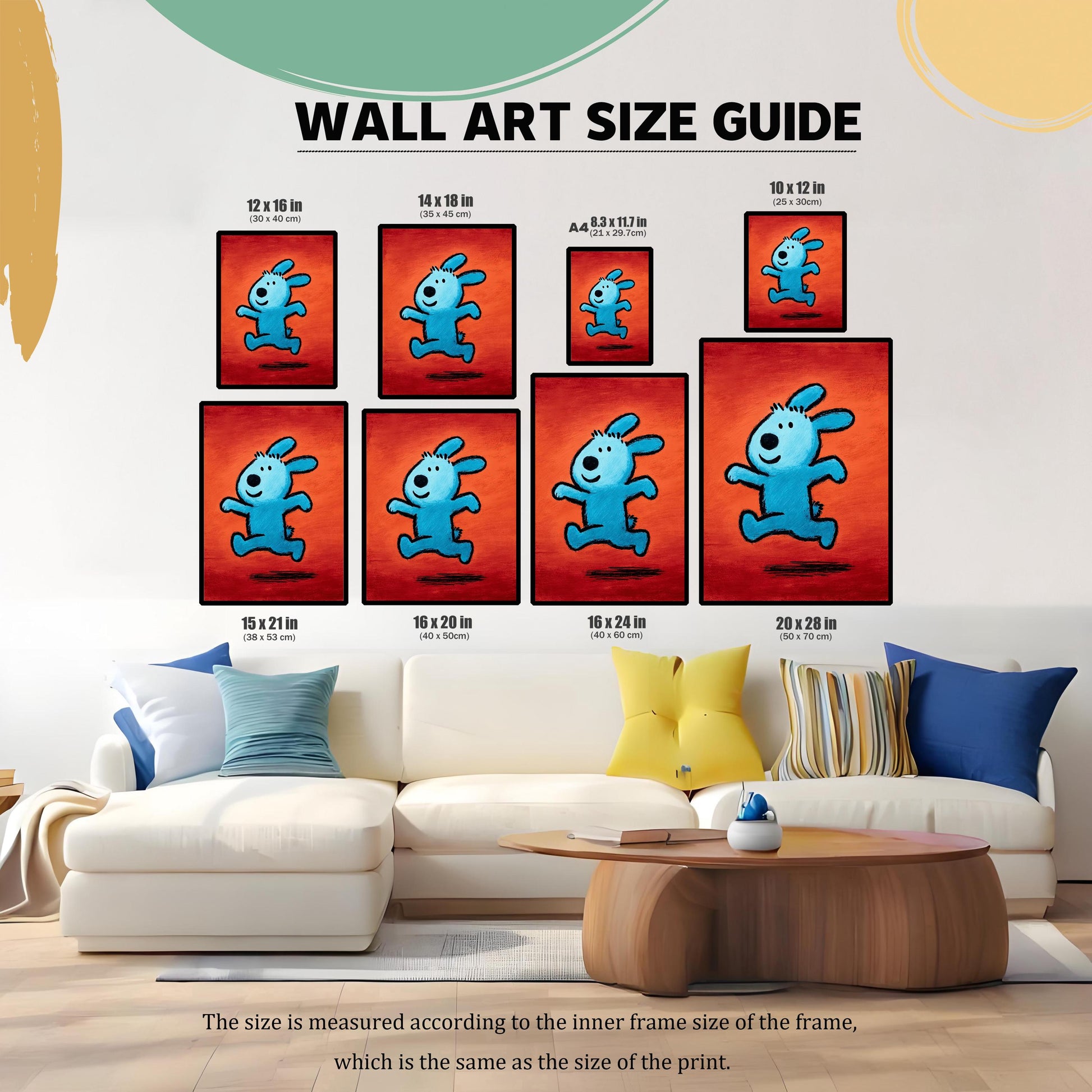 Wall Art Size Guide graphic showing eight different framed sizes of the blue running animal print over a white sofa, including 12×16in, 14×18in, A4, 10×12in, 15×21in, 16×20in, 16×24in, and 20×28in.