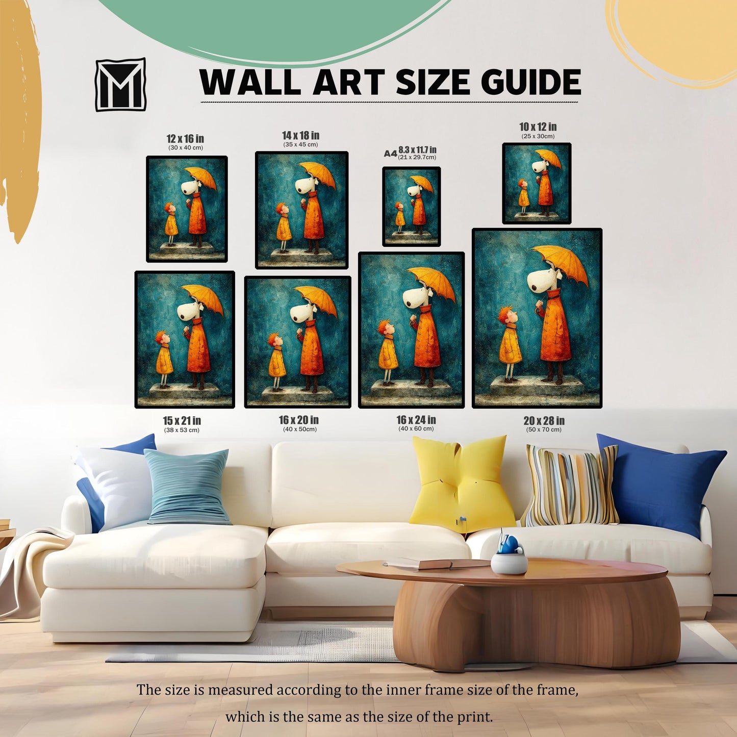 Wall art size guide showing multiple print size options (12x16 in, 14x18 in, A4, 10x12 in, 15x21 in, 16x20 in, 16x24 in, 20x28 in) displayed above a large white couch.