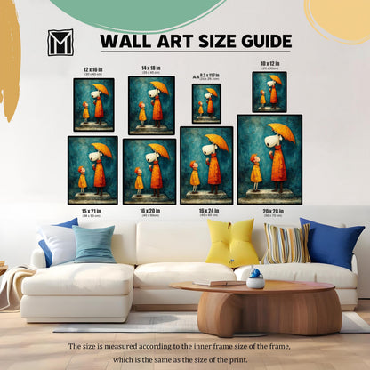 Wall art size guide showing multiple print size options (12x16 in, 14x18 in, A4, 10x12 in, 15x21 in, 16x20 in, 16x24 in, 20x28 in) displayed above a large white couch.