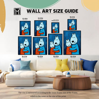 A wall art size guide showing nine different framed prints of a blue and orange cartoon animal pair hugging, displayed above a white sofa in a living room. Sizes listed include 12x16 in, 14x18 in, A4 (8.3x11.7 in), 10x12 in, 15x21 in, 16x20 in, 16x24 in, and 20x28 in.