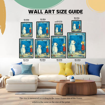 A WALL ART SIZE GUIDE image showing nine different framed print sizes (e.g., 12x16 in, 16x24 in, 20x28 in) placed above a white sectional sofa and coffee table for scale. Text notes the size is measured according to the inner frame size.
