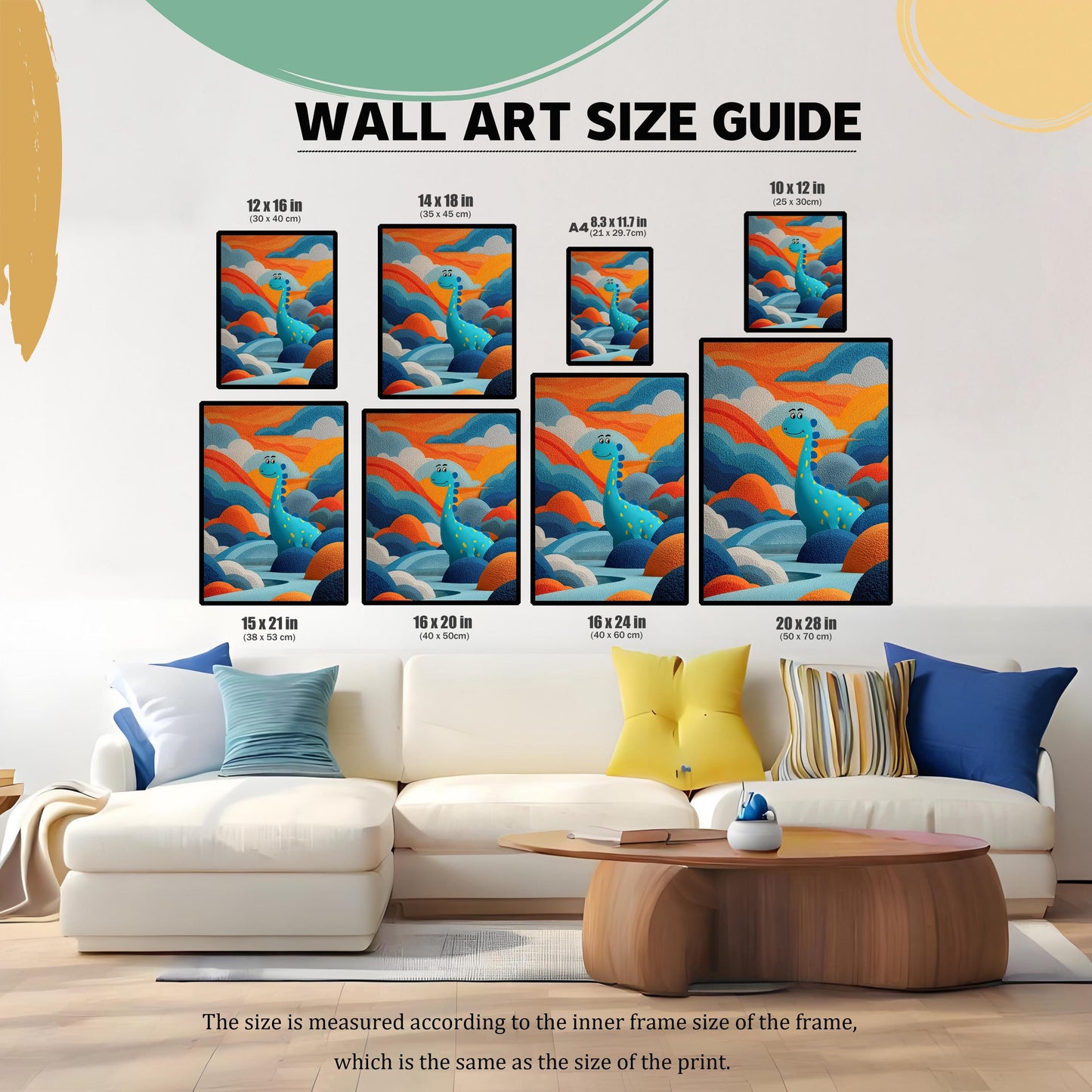 A WALL ART SIZE GUIDE showing the dinosaur print in various sizes, ranging from 8.3×11.7 in (A4) to 20×28 in, displayed above a large white couch.