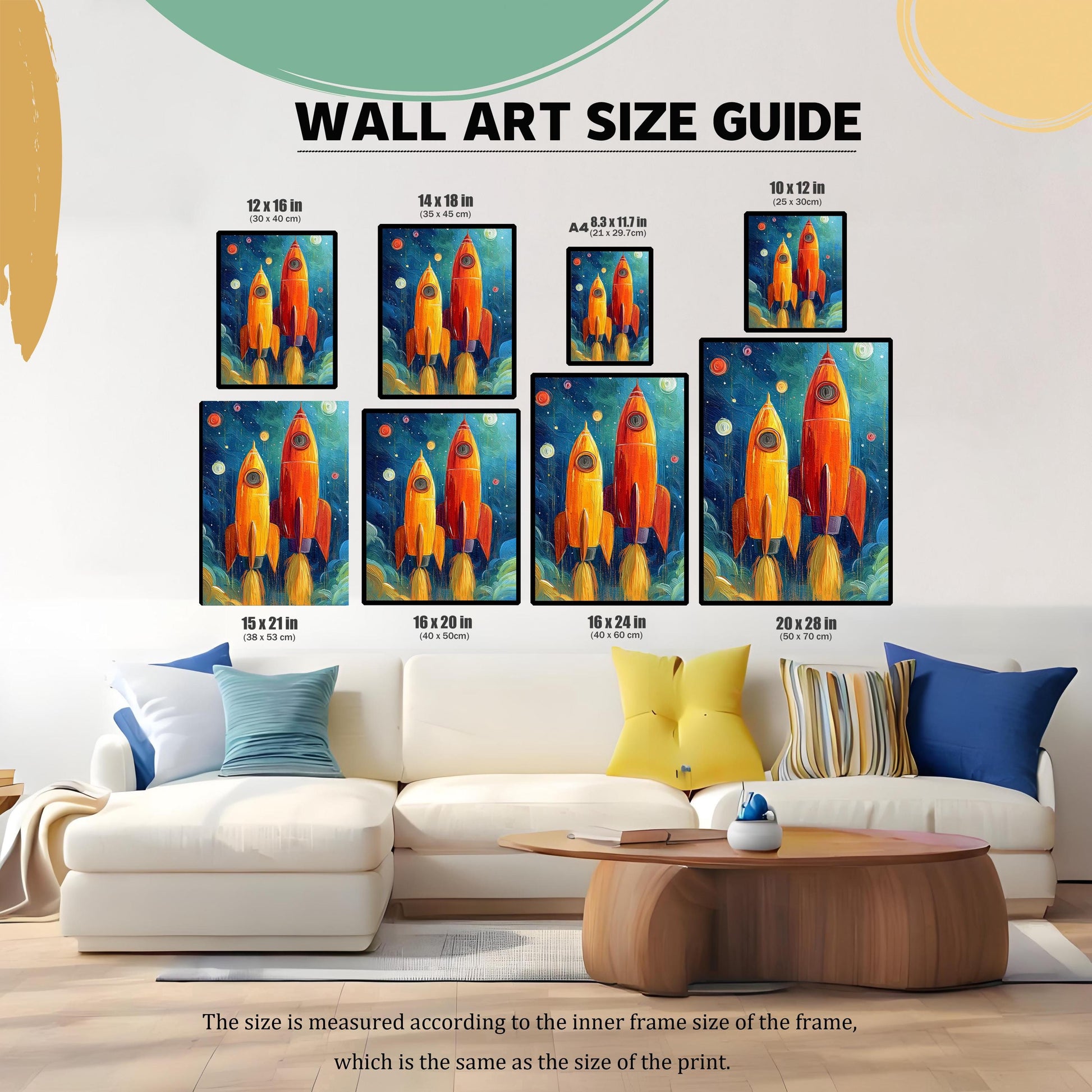 A WALL ART SIZE GUIDE image showing a couch with various sizes of the rocket print displayed on the wall above it, with sizes ranging from 8.3×11.7 in (A4) to 20×28 in.