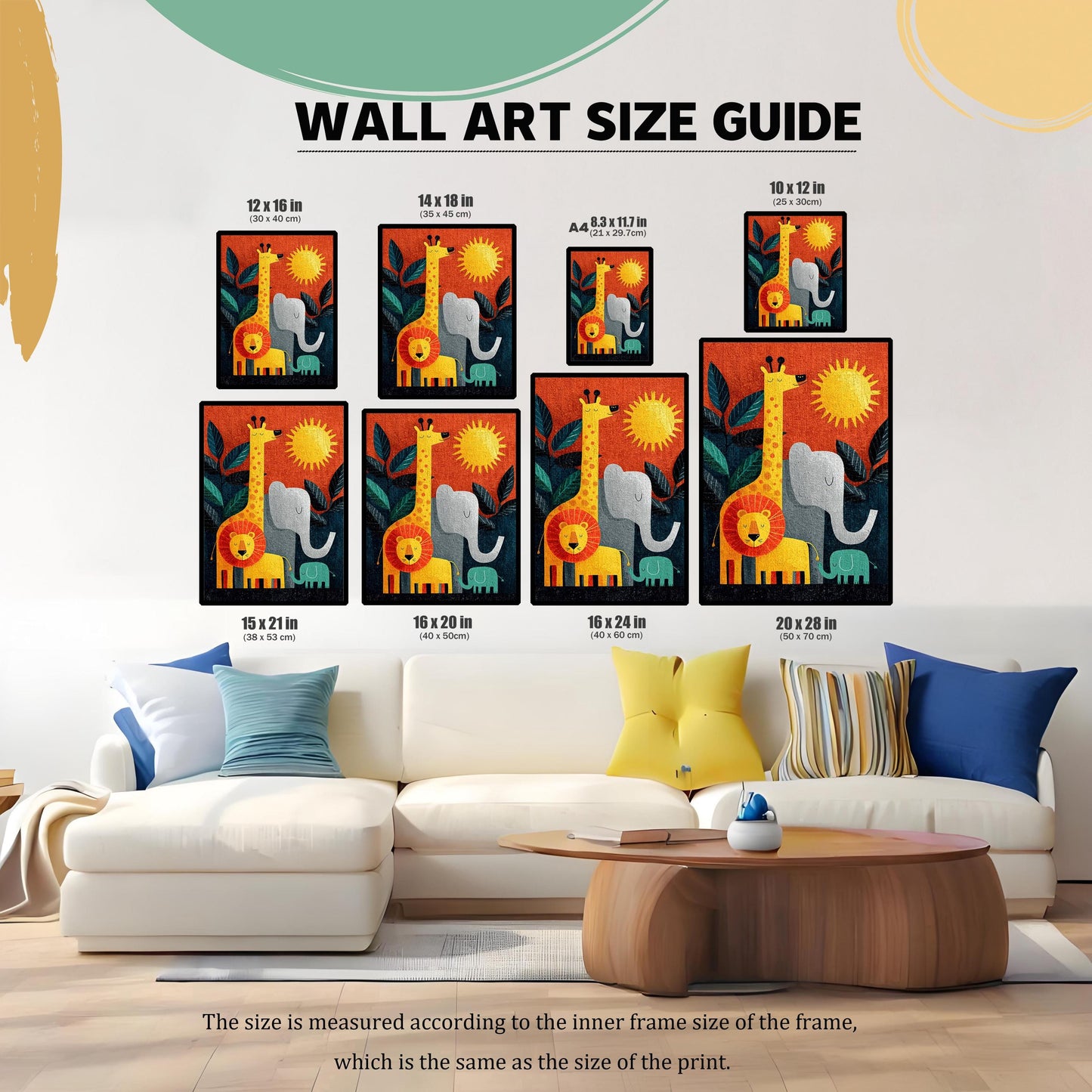 "Wall Art Size Guide" showing various print sizes (12x16, 14x18, A4, 10x12, 15x21, 16x20, 16x24, 20x28 inches) of a vibrant jungle animal painting (giraffe, lion, elephant, baby elephant) displayed above a modern white couch in a living room.