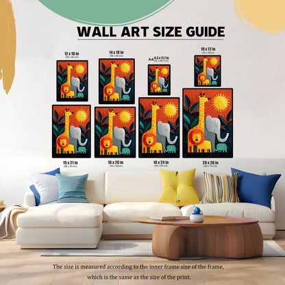 "Wall Art Size Guide" showing various print sizes (12x16, 14x18, A4, 10x12, 15x21, 16x20, 16x24, 20x28 inches) of a vibrant jungle animal painting (giraffe, lion, elephant, baby elephant) displayed above a modern white couch in a living room.