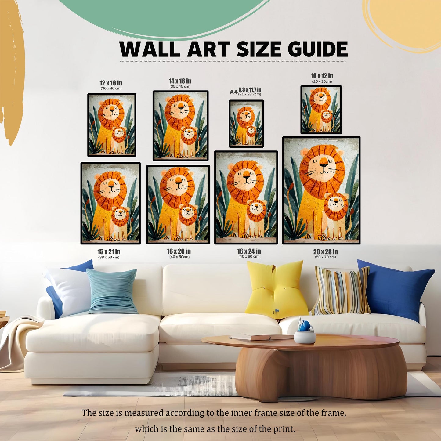 Wall Art Size Guide showing a charming, textured painting of a large lion and a smaller lion cub sitting among green jungle leaves. The image is displayed in eight different frame sizes above a white sectional sofa. Sizes range from 8.3×11.7 in (A4) to 20×28 in.