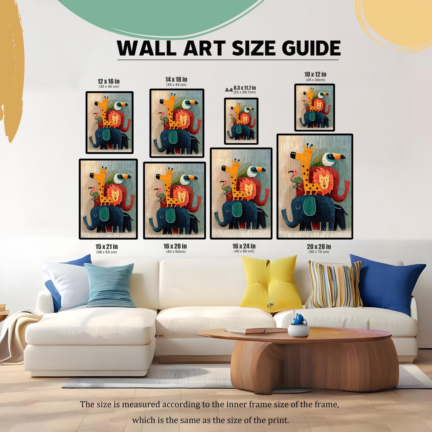 Wall art size guide showing seven different sizes of the framed stacked animal art print above a white couch, providing scale. The sizes are 12x16 in, 14x18 in, A4, 10x12 in, 15x21 in, 16x20 in, 16x24 in, and 20x28 in.
