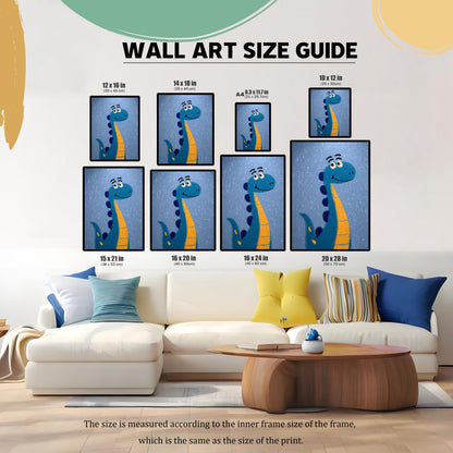 Wall Art Size Guide image showing the framed dinosaur print in various sizes displayed on a wall above a white sectional sofa. Sizes range from 10×12 in to 20×28 in. Text notes the size is measured according to the inner frame size/print size.