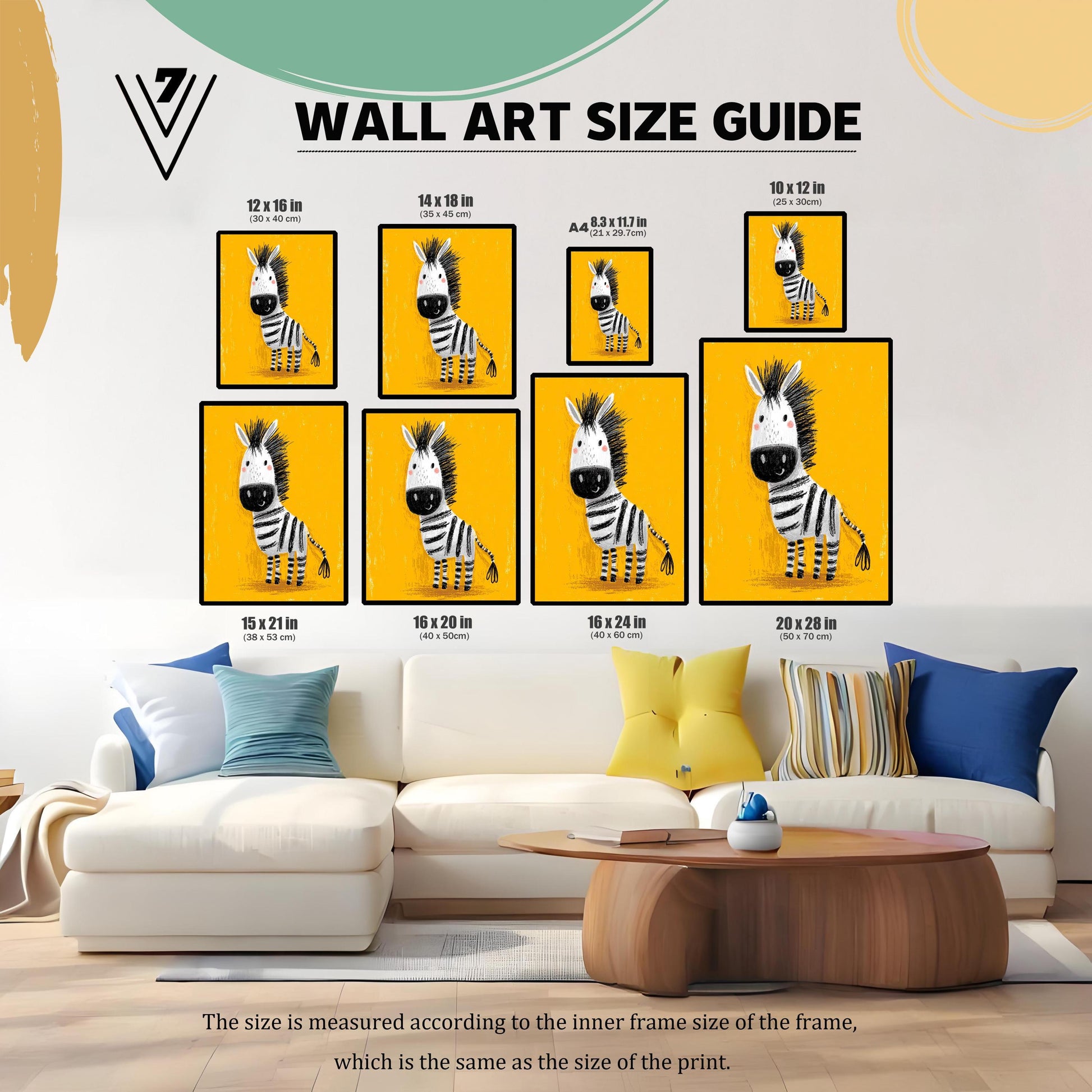 A Wall Art Size Guide graphic showing eight different framed sizes of the zebra print arranged on a wall above a white sofa. The sizes listed include: 12 x 16 in, 14 x 18 in, A4 (8.3 x 11.7 in), 10 x 12 in, 15 x 21 in, 16 x 20 in, 16 x 24 in, and 20 x 28 in.