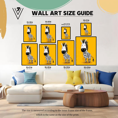 A Wall Art Size Guide graphic showing eight different framed sizes of the zebra print arranged on a wall above a white sofa. The sizes listed include: 12 x 16 in, 14 x 18 in, A4 (8.3 x 11.7 in), 10 x 12 in, 15 x 21 in, 16 x 20 in, 16 x 24 in, and 20 x 28 in.