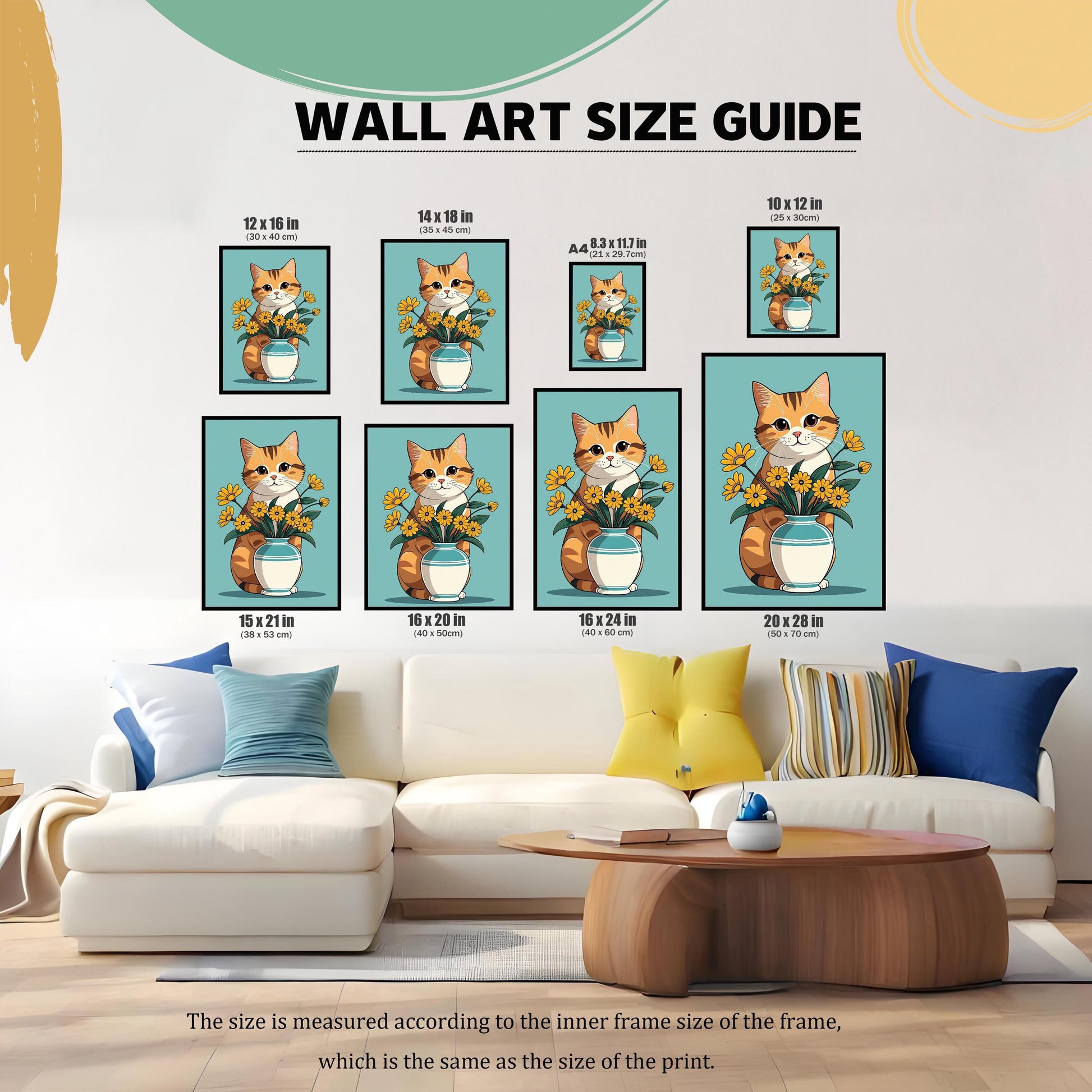 A **wall art size guide** showing the cat art print in multiple sizes, from 8.3 x 11.7 inches to 20 x 28 inches. The prints are shown on a living room wall above a large white couch.