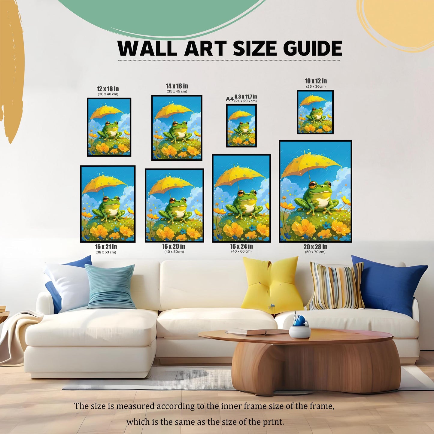 A visual size guide for wall art prints, showing different dimensions on a white couch with colorful pillows. The available sizes include 12x16, 14x18, 8.3x11.7 (A4), 10x12, 15x21, 16x20, 16x24, and 20x28 inches. The text at the bottom explains that the size refers to the inner frame and print size.