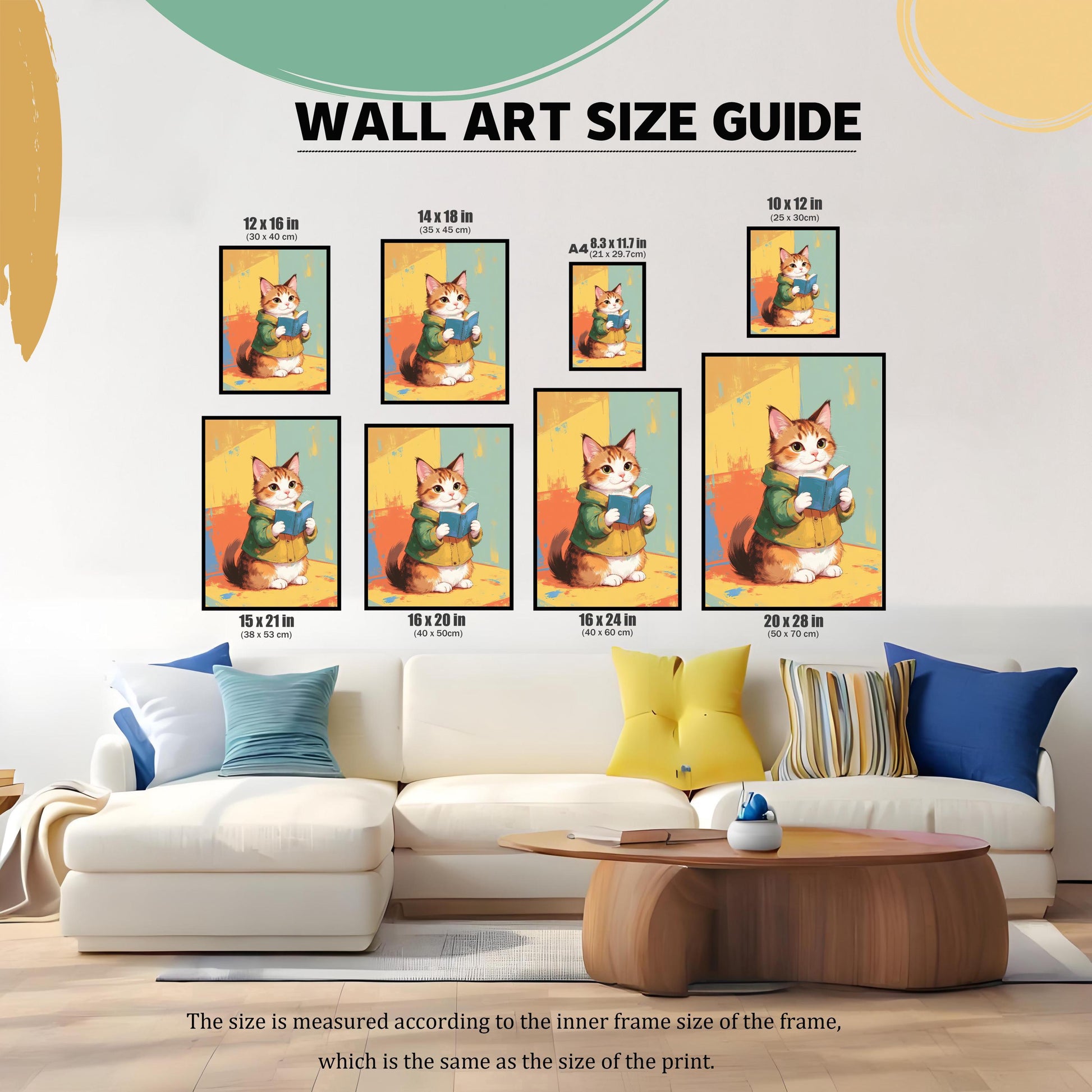A visual size guide for wall art prints, showing different dimensions on a white couch with colorful pillows. The available sizes include 12x16, 14x18, 8.3x11.7 (A4), 10x12, 15x21, 16x20, 16x24, and 20x28 inches. The text at the bottom explains that the size refers to the inner frame and print size.