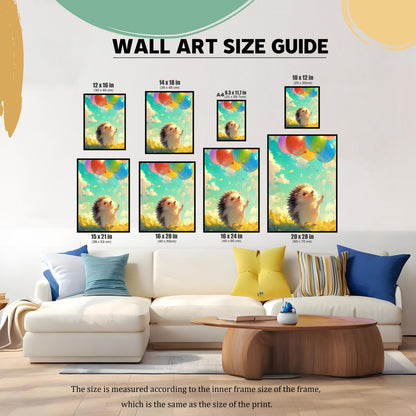 A wall art size guide demonstrating various available dimensions of the hedgehog print by showing them to scale above a modern white sofa.