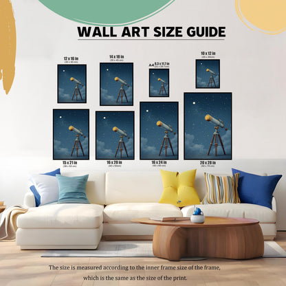 A comprehensive size guide for the telescope wall art prints. The image displays the print in various sizes (10x12, 12x16, 14x18, 15x21, 16x20, 16x24, and 20x28 inches) above a living room sofa, helping customers visualize the correct dimensions for their space.