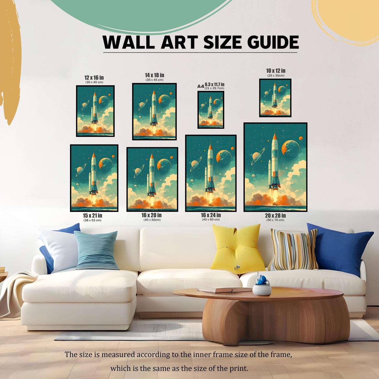 A visual size guide for wall art prints, showing different dimensions on a white couch with colorful pillows. The available sizes include 12x16, 14x18, 8.3x11.7 (A4), 10x12, 15x21, 16x20, 16x24, and 20x28 inches. Text at the bottom explains that the size refers to the inner frame and print size.