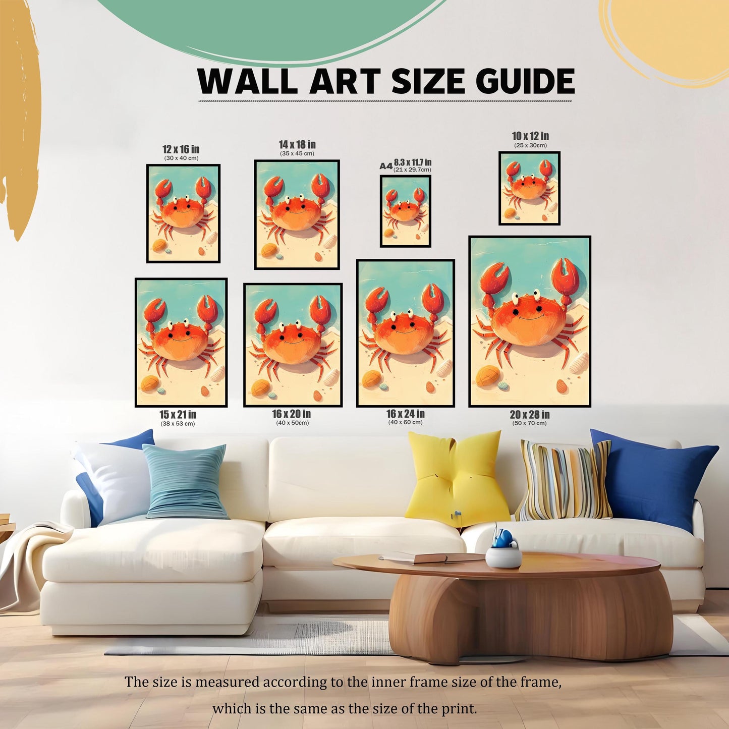 A wall art size guide showing a grid of framed prints featuring the cartoon crab. The image displays different sizes, including 12x16, 14x18, 8.3x11.7 (A4), 10x12, 15x21, 16x20, 16x24, and 20x28 inches, to help customers visualize the scale of the art above a white couch.