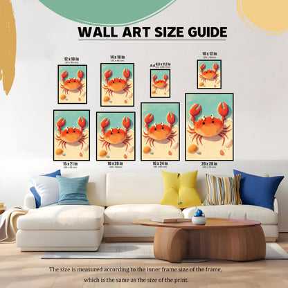 A wall art size guide showing a grid of framed prints featuring the cartoon crab. The image displays different sizes, including 12x16, 14x18, 8.3x11.7 (A4), 10x12, 15x21, 16x20, 16x24, and 20x28 inches, to help customers visualize the scale of the art above a white couch.