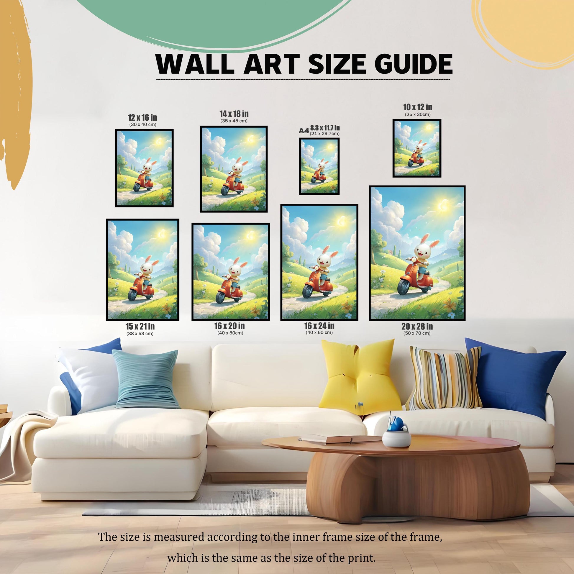 A visual size guide for wall art prints, showing different dimensions on a white couch with colorful pillows. The available sizes include 12x16, 14x18, 8.3x11.7 (A4), 10x12, 15x21, 16x20, 16x24, and 20x28 inches. The text at the bottom explains that the size refers to the inner frame and print size.