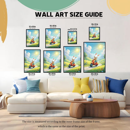 A visual size guide for wall art prints, showing different dimensions on a white couch with colorful pillows. The available sizes include 12x16, 14x18, 8.3x11.7 (A4), 10x12, 15x21, 16x20, 16x24, and 20x28 inches. The text at the bottom explains that the size refers to the inner frame and print size.