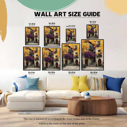 Wall Art Size Guide graphic. The graphic displays seven different size options of the art print (12x16, 14x18, A4 8.3x11.7, 10x12, 15x21, 16x20, 16x24, 20x28) scaled above a white couch to demonstrate size in a room setting.