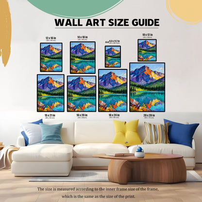 Wall Art Size Guide image showing a vibrant oil painting print of a mountain landscape and lake in eight different sizes above a white couch for scale. Sizes include: 12x16, 14x18, 8.3x11.7 (A4), 10x12, 15x21, 16x20, 16x24, and 20x28 inches.