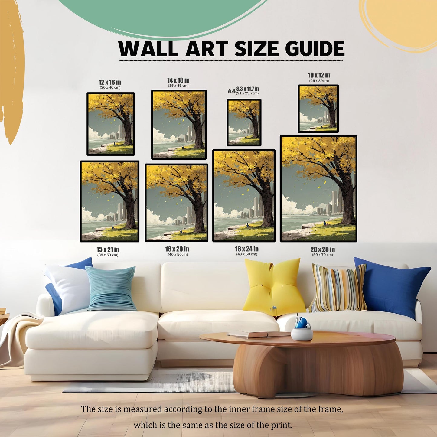 Wall Art Size Guide image showing the yellow tree and city art print in eight different sizes placed above a white sofa for scale. Sizes include: 12x16, 14x18, 8.3x11.7 (A4), 10x12, 15x21, 16x20, 16x24, and 20x28 inches.